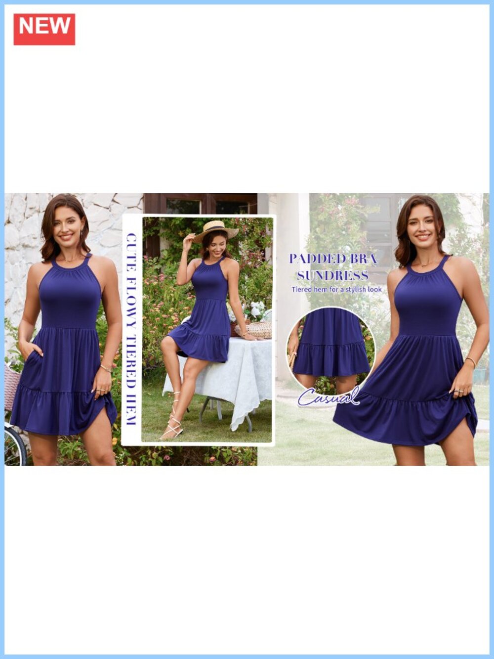Built-in Bra Halter Sundress with Pockets Summer A-Line Dress - Picture 6 of 6